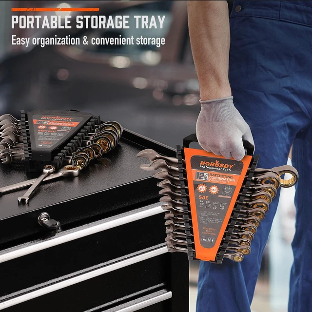 Alt view image 7 of 7 - 24-Piece Ratcheting Wrench Set | Metric and SAE | 8-19 mm & 1/4 to 7/8 | Ratchet Combination Wrenches Set with Organizer | 72-Teeth | Chrome Vanadium Steel