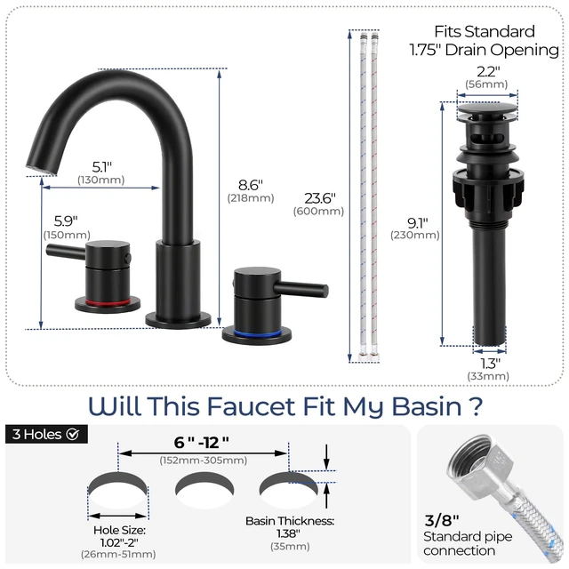 Alt view image 6 of 7 - Matte Black Bathroom Faucet 3 Hole, 2-Handle Widespread Faucet Lead-free stainless steel, pop-up drain, Detachable faucet aerator, 360°swivel, for RV & vanity sink 3-hole mount