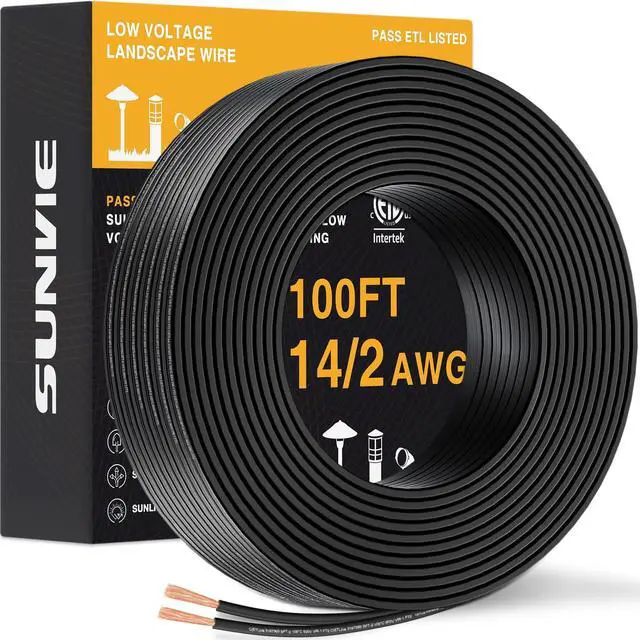 Main image of 14/2 Low Voltage Landscape Wire 14 Gauge Pure Copper Wire, 100 FT Pure Copper, Direct Burial, ETL Listed, Weatherproof, High Conductivity, 14 Gauge 2 Conductor for Outdoor Landscape Lighting