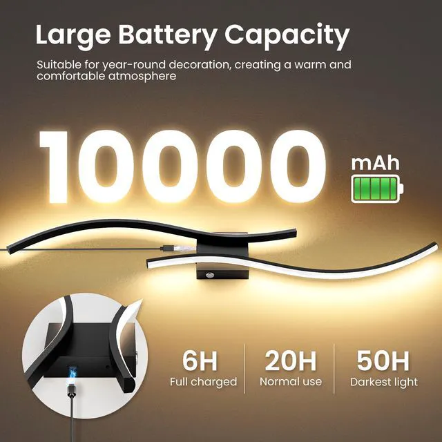 Alt view image 2 of 7 - 10000mAh Battery Operated Wall Sconces Set of 2, Black, 39.4 Inch 3CCT, Renter Friendly, Rechargeable Wall Lights, Remote, Dimmable, LED Cordless Lights for Living Room, Bedroom, Home Decor