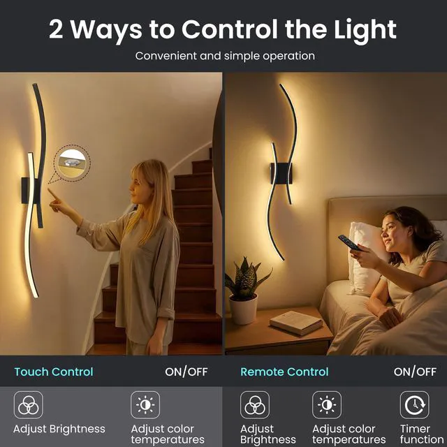 Alt view image 3 of 7 - 10000mAh Battery Operated Wall Sconces Set of 2, Black, 39.4 Inch 3CCT, Renter Friendly, Rechargeable Wall Lights, Remote, Dimmable, LED Cordless Lights for Living Room, Bedroom, Home Decor