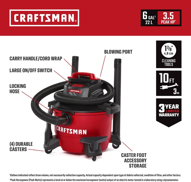 Alt view image 2 of 7 - CMXEVBE17584 6 Gallon 3.5 Peak HP Wet Dry Shop Vacuum General Purpose Wet and Dry Vac with Filter, Dust Bag, Hose and Attachments for Home, Garage and Automotive Cleaning