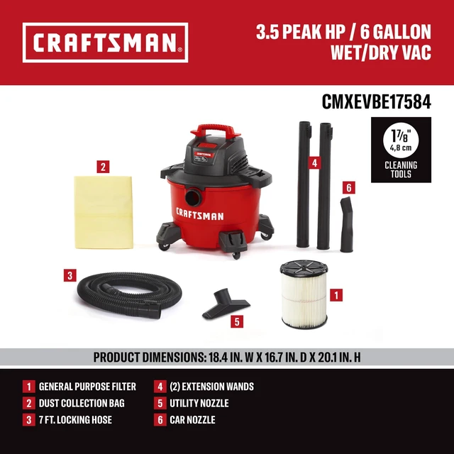 Alt view image 3 of 7 - CMXEVBE17584 6 Gallon 3.5 Peak HP Wet Dry Shop Vacuum General Purpose Wet and Dry Vac with Filter, Dust Bag, Hose and Attachments for Home, Garage and Automotive Cleaning