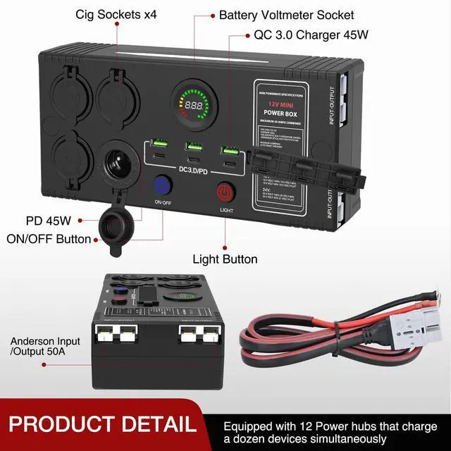 Alt view image 2 of 7 - Mini Power Box 12V/24V DC Distribution Box Plug & Play Multi Ports Compact 2 Anderson, 3 USB, 3 USB-C, 4 Cig Sockets Perfect for Outdoors Camping Fishing RV 4Wd Caravans Emergency