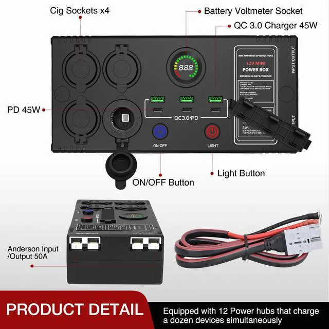 Alt view image 3 of 7 - Mini Power Box 12V/24V DC Distribution Box Plug & Play Multi Ports Compact 2 Anderson, 3 USB, 3 USB-C, 4 Cig Sockets Perfect for Outdoors Camping Fishing RV 4Wd Caravans Emergency