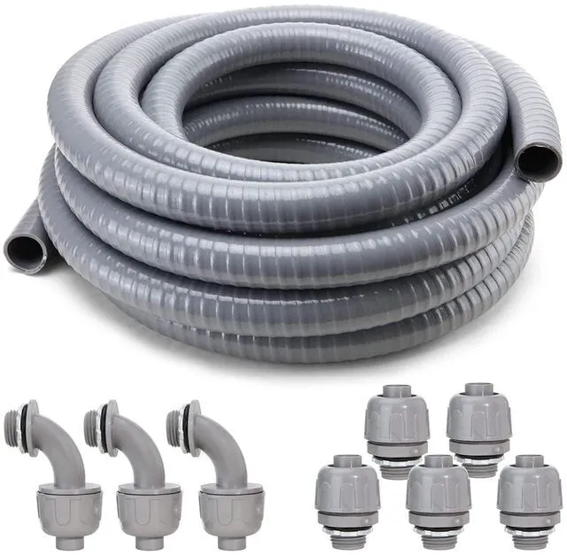Main image of Liquid-Tight Conduit and Connector Kit,Flexible Non Metallic Liquid Tight Electrical Conduit,3/4inch 100ft Electrical Conduit Kit,with 5 Straight and 3 Angle Fittings Included,3/4 in. Dia