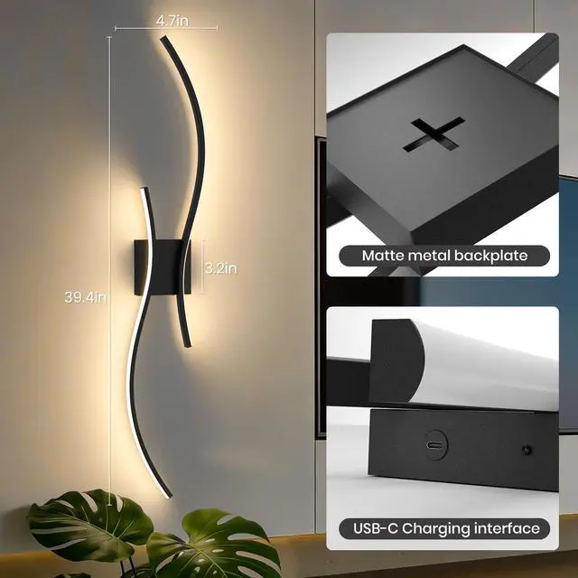 Alt view image 6 of 7 - 10000mAh Battery Operated Wall Sconces Set of 2, Black, 39.4 Inch 3CCT, Renter Friendly, Rechargeable Wall Lights, Remote, Dimmable, LED Cordless Lights for Living Room, Bedroom, Home Decor