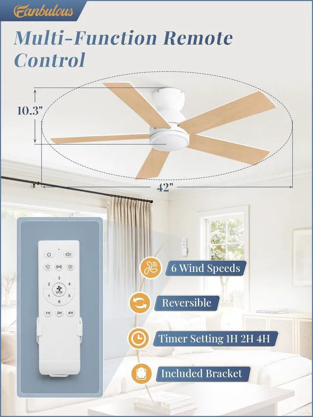 Alt view image 2 of 7 - 42 Inch Small Ceiling Fan no Light, Flush Mount, White 6 Speeds, Quiet Reversible DC Motor, White Ceiling Fan with Remote, Easy Install for Bedroom, Living Room, Indoor