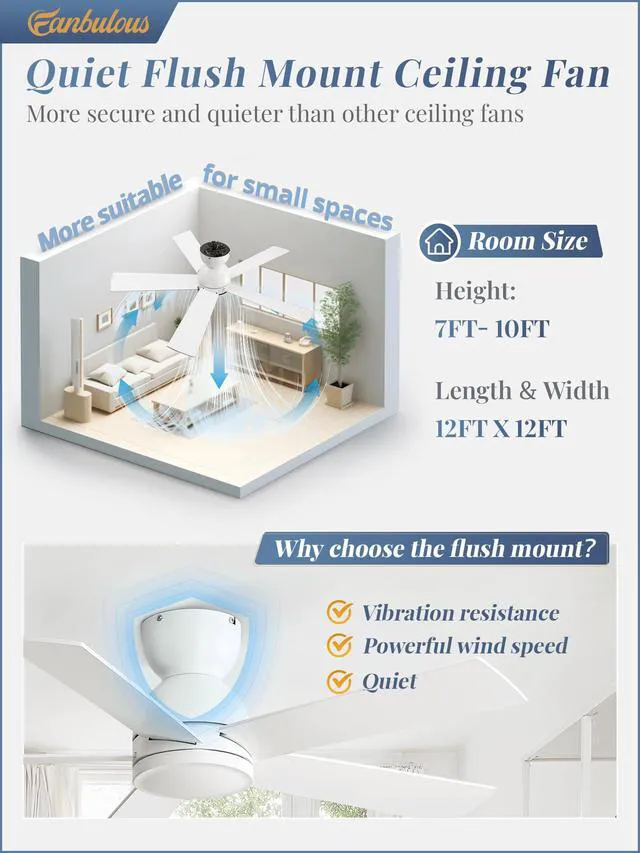 Alt view image 3 of 7 - 42 Inch Small Ceiling Fan no Light, Flush Mount, White 6 Speeds, Quiet Reversible DC Motor, White Ceiling Fan with Remote, Easy Install for Bedroom, Living Room, Indoor