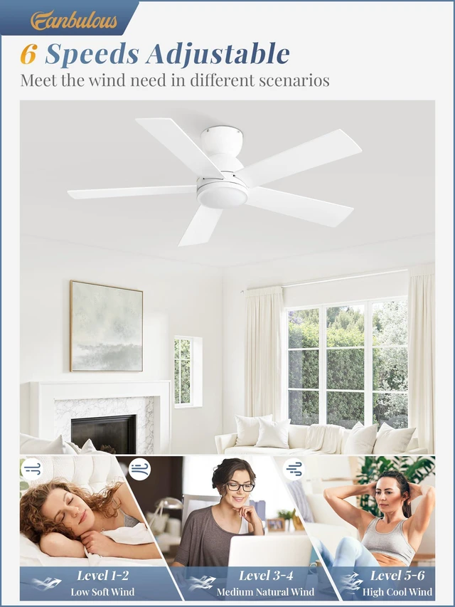 Alt view image 4 of 7 - 42 Inch Small Ceiling Fan no Light, Flush Mount, White 6 Speeds, Quiet Reversible DC Motor, White Ceiling Fan with Remote, Easy Install for Bedroom, Living Room, Indoor