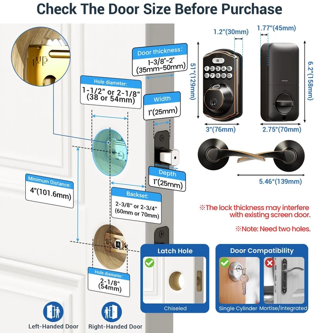 Alt view image 6 of 7 - KS02B Fingerprint Door Lock with 2 Lever Handles, Oil Rubbed Bronze Zinc Alloy Handle Set, Auto Lock, Anti-Peep Codes, 2 Keys, Keyless Entry Deadbolt, Electronic Back-Lit Keypad, for Front Door