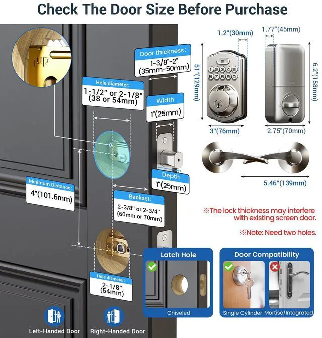 Alt view image 6 of 7 - KS02B Fingerprint Door Lock with 2 Lever Handles, Satin Nickel Zinc Alloy Handle Set, Auto Lock, Anti-Peep Codes, 2 Keys, Keyless Entry Deadbolt, Electronic Back-Lit Keypad, for Front Door