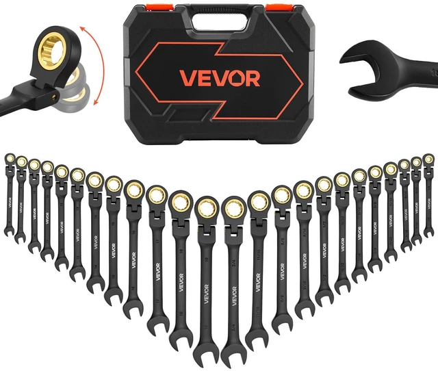Main image of 24-piece Ratcheting Wrench Set with 180° Flex Head, Anti-Slip Tooth, Combination Wrench Sets with Organizer Box, Metric 8-19mm & SAE 1/4-3/4", Black Electrophoretic Coating