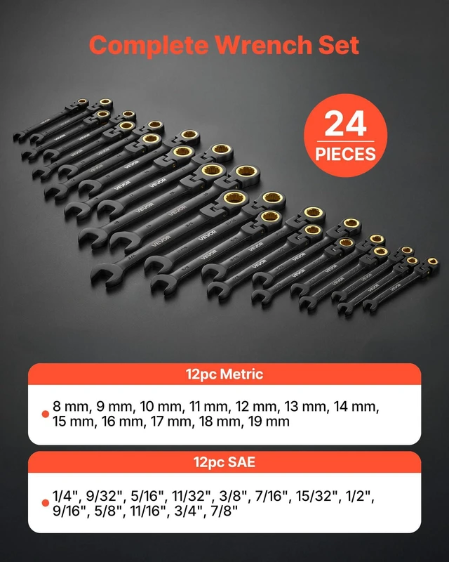 Alt view image 2 of 7 - 24-piece Ratcheting Wrench Set with 180° Flex Head, Anti-Slip Tooth, Combination Wrench Sets with Organizer Box, Metric 8-19mm & SAE 1/4-3/4", Black Electrophoretic Coating