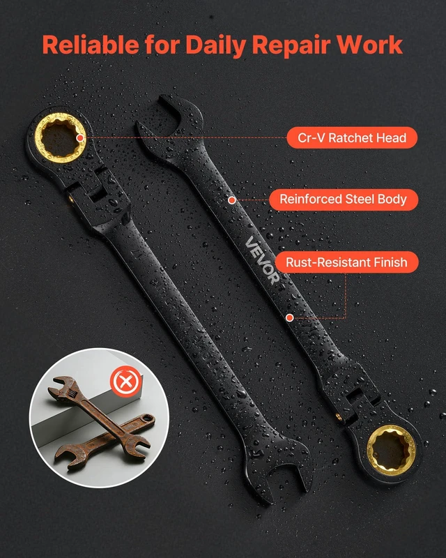 Alt view image 5 of 7 - 24-piece Ratcheting Wrench Set with 180° Flex Head, Anti-Slip Tooth, Combination Wrench Sets with Organizer Box, Metric 8-19mm & SAE 1/4-3/4", Black Electrophoretic Coating