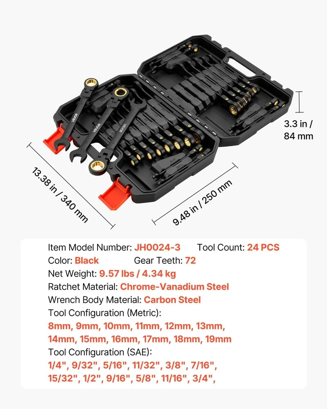 Alt view image 7 of 7 - 24-piece Ratcheting Wrench Set with 180° Flex Head, Anti-Slip Tooth, Combination Wrench Sets with Organizer Box, Metric 8-19mm & SAE 1/4-3/4", Black Electrophoretic Coating