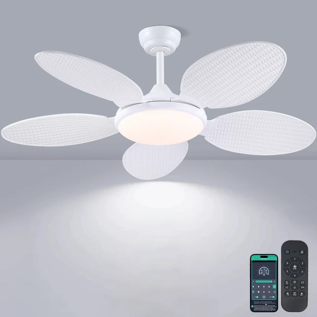 Main image of 48"White Tropical Style Palm Leaf Ceiling Fans with Lights and Remote & APP Supports Remote and APP, 6 Wind Speeds, Reversible, Dimmable 3CCT LED, 35W Quiet DC Motor,Suits for Bedroom Kitchen