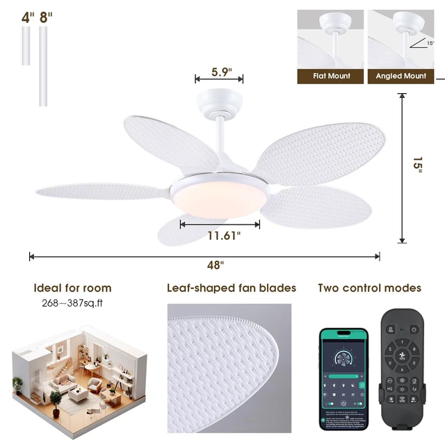 Alt view image 2 of 7 - 48"White Tropical Style Palm Leaf Ceiling Fans with Lights and Remote & APP Supports Remote and APP, 6 Wind Speeds, Reversible, Dimmable 3CCT LED, 35W Quiet DC Motor,Suits for Bedroom Kitchen