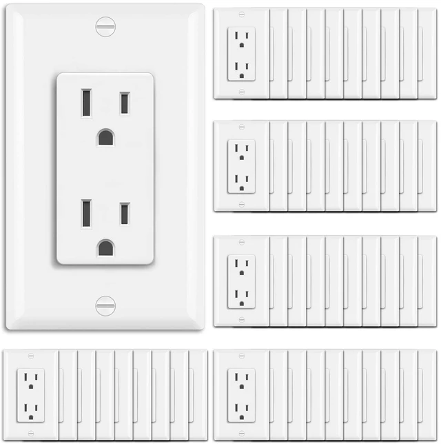 Main image of 15 Amp Receptacle Outlet, 50 Pack Electrical Wall Outlet, Non-Tamper Resistant, Decorator Wallplate Included, 15A/125V/1875W, UL Listed, White