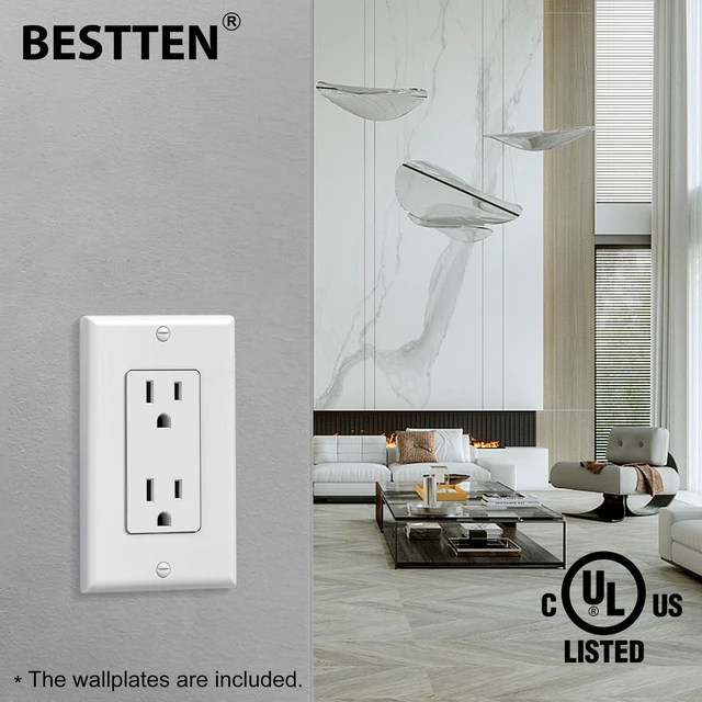 Alt view image 4 of 7 - 15 Amp Receptacle Outlet, 50 Pack Electrical Wall Outlet, Non-Tamper Resistant, Decorator Wallplate Included, 15A/125V/1875W, UL Listed, White