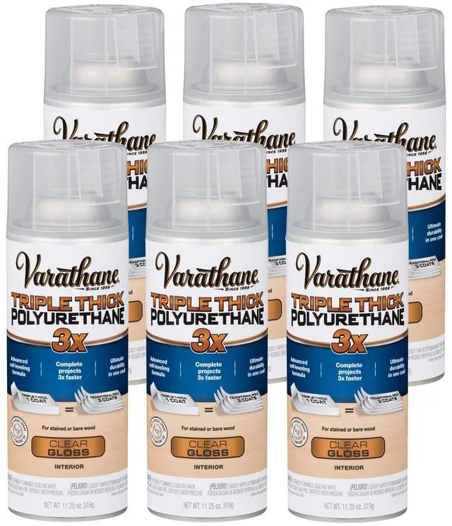 Main image of Triple Thick Polyurethane Gloss Wood Finish Spray One Coat Protection, Self-Leveling Formula, Scratch And Stain Resistance, Aerosol Application, 11.25 Oz