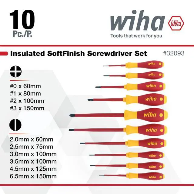 Alt view image 6 of 6 - 32093 10 Piece Insulated SoftFinish Screwdriver Set 1000V VDE certified, SoftFinish cushion grip, precision machined tips, tested to 10,000 volts, Germany - Phillips Head Screwdrivers