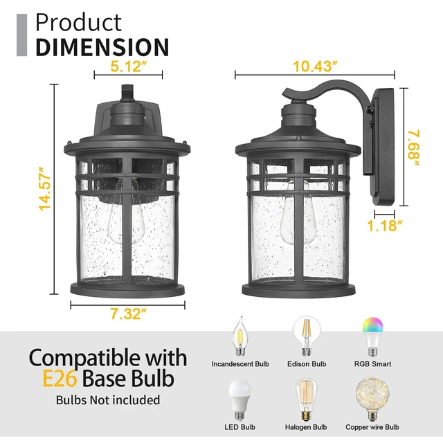 Alt view image 2 of 7 - Dusk to Dawn Outdoor Porch Wall Light,Outside Wall Mounted Light Seeded Glass Exterior Waterproof Lantern 14.57inch Large Modern Wall Sconce Lighting for House Front Door Garage