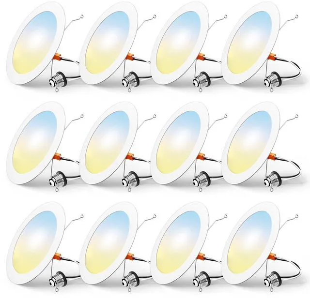 Main image of 12 Pack Retrofit LED Recessed Lighting 6 Inch, 5CCT, White 2700K/3000K/4000K/5000K/6000K Selectable, Dimmable Flat Can Lights, 1000LM Brightness, 10W, IC & Damp Rated, ETL & FCC