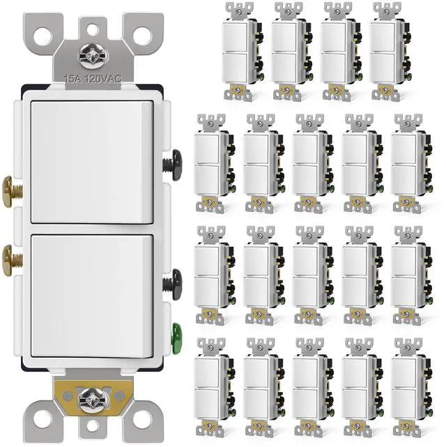 Main image of 20 Pack Decorator Double Rocker Light Switch, Two Single Pole Electrical Paddle, 15A 120V, in-Wall On/Off Interrupter, Self-Grounding, UL Listed, White