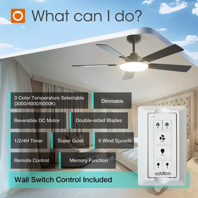 Alt view image 2 of 7 - 52 Inch Ceiling Fans with Lights and Remote Control, Wall Switch Reversible DC motor, 6-speed, Timer, 3CCT Dimmable, Quiet, Black Ceiling Fan for Bedroom, Living Room, Indoor/Outdoor Use