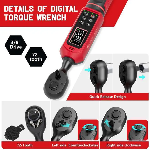 Alt view image 3 of 7 - 3/8" Digital Torque Wrench (0.66-44.29Ft.Lb/0.9-60N.m) ±1% Accuracy with Vibration/Buzzer/LED Alerts, 9 Presets & 5 Units, for Moto Engine/Brake, Car Spark Plug & Oil Drain Repair