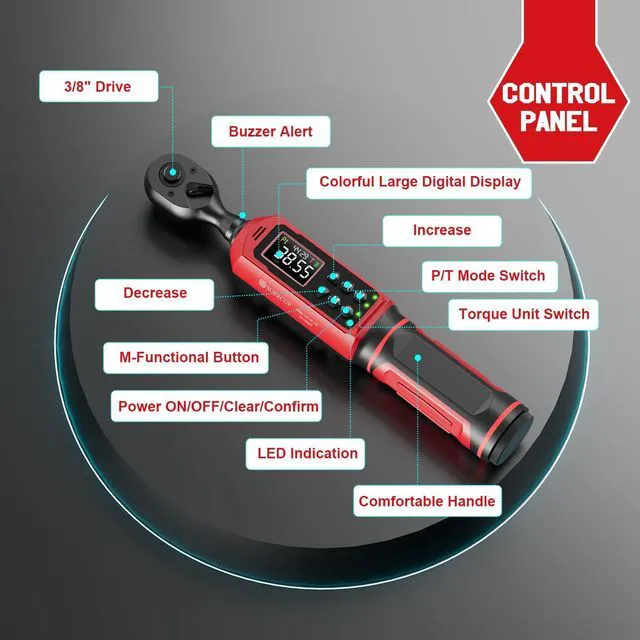 Alt view image 7 of 7 - 3/8" Digital Torque Wrench (0.66-44.29Ft.Lb/0.9-60N.m) ±1% Accuracy with Vibration/Buzzer/LED Alerts, 9 Presets & 5 Units, for Moto Engine/Brake, Car Spark Plug & Oil Drain Repair