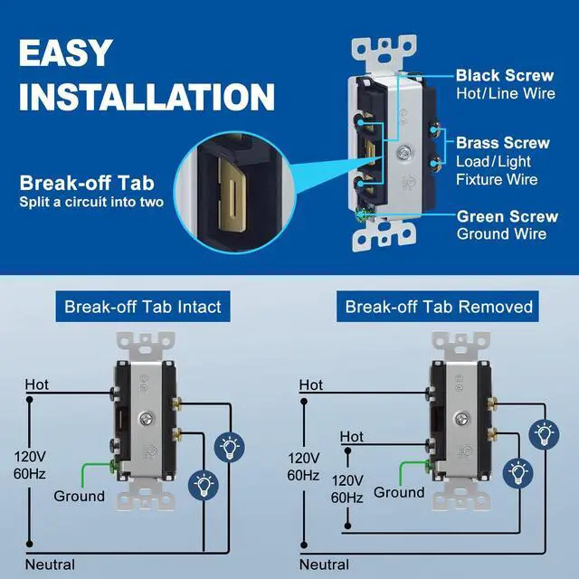 Alt view image 6 of 7 - 20 Pack Decorator Double Rocker Light Switch, Two Single Pole Electrical Paddle, 15A 120V, in-Wall On/Off Interrupter, Self-Grounding, UL Listed, White