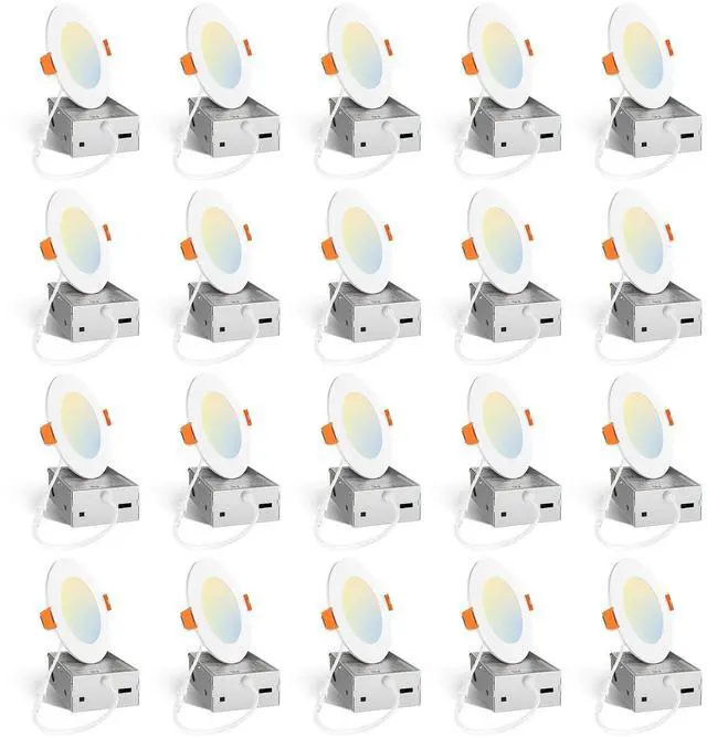 Main image of 20 Pack 4 Inch LED Recessed Light with Junction Box, 5CCT, 800LM, 11W 2700K-5000K, 5%-100% Dimmable, 120V, White, Metal Housing, Ultra-Thin Canless Wafer Downlight, ETL, FCC, IC & Damp Rated