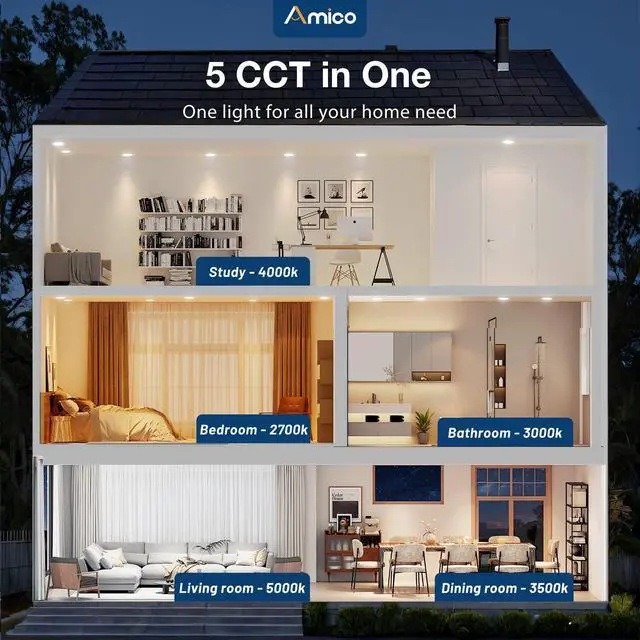 Alt view image 2 of 7 - 20 Pack 4 Inch LED Recessed Light with Junction Box, 5CCT, 800LM, 11W 2700K-5000K, 5%-100% Dimmable, 120V, White, Metal Housing, Ultra-Thin Canless Wafer Downlight, ETL, FCC, IC & Damp Rated