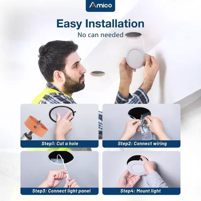 Alt view image 4 of 7 - 20 Pack 4 Inch LED Recessed Light with Junction Box, 5CCT, 800LM, 11W 2700K-5000K, 5%-100% Dimmable, 120V, White, Metal Housing, Ultra-Thin Canless Wafer Downlight, ETL, FCC, IC & Damp Rated