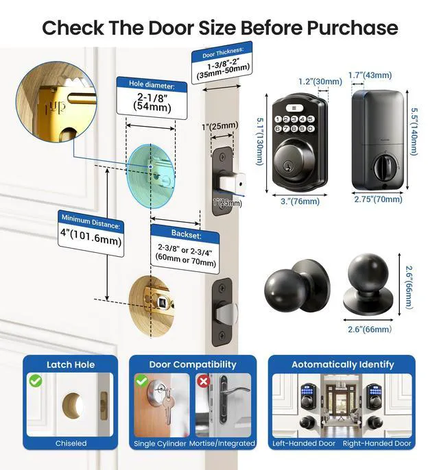 Alt view image 6 of 7 - KS01C Keyless Entry Deadbolt Door Lock with Knobs, Matte Black Electronic Backlit Keypad Handle Set, Auto Lock, Anti-Peep Code, One-time Code, for Front Door, IP54 Waterproof, Easy Install