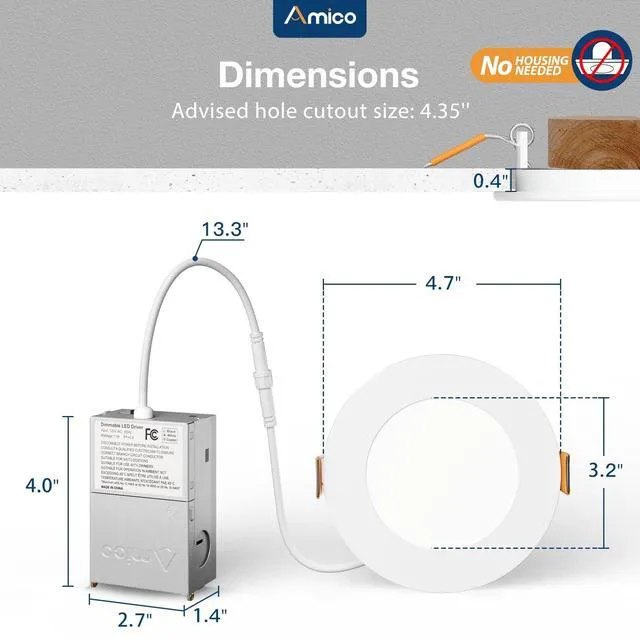 Alt view image 7 of 7 - 20 Pack 4 Inch LED Recessed Light with Junction Box, 5CCT, 800LM, 11W 2700K-5000K, 5%-100% Dimmable, 120V, White, Metal Housing, Ultra-Thin Canless Wafer Downlight, ETL, FCC, IC & Damp Rated