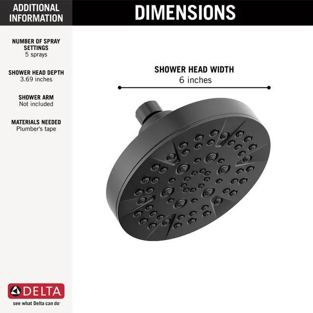 Alt view image 3 of 7 - 6-Setting Matte Black Shower Head with High Pressure Spray, 6 Inch Round Shower Head, Showerheads, 1.75 GPM Flow Rate, Matte Black 52535-BL