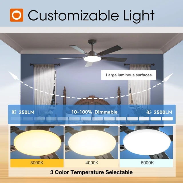 Alt view image 6 of 7 - 52 Inch Ceiling Fans with Lights and Remote Control, Wall Switch Reversible DC motor, 6-speed, Timer, 3CCT Dimmable, Quiet, Black Ceiling Fan for Bedroom, Living Room, Indoor/Outdoor Use