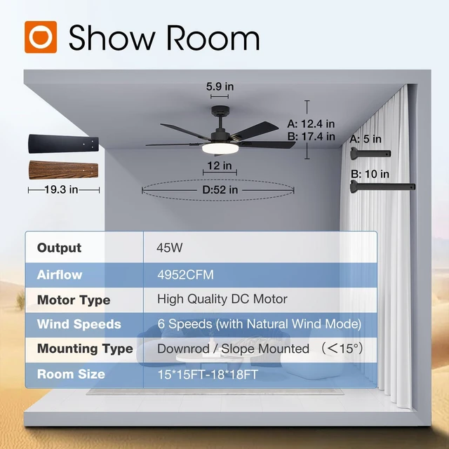 Alt view image 7 of 7 - 52 Inch Ceiling Fans with Lights and Remote Control, Wall Switch Reversible DC motor, 6-speed, Timer, 3CCT Dimmable, Quiet, Black Ceiling Fan for Bedroom, Living Room, Indoor/Outdoor Use