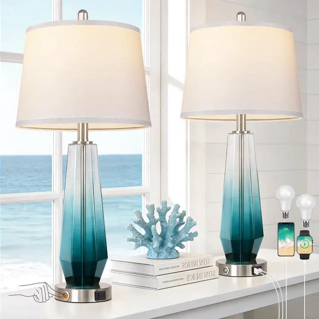 Main image of Glass Table lamps for living room, Modern Bedside Lamps for Bedrooms,27.5" Tall Nightstand Lamps Set of 2 with 3-Way Dimmable Touch Control, White Linen Shade,USB A/C Charging Ports,Gradient Teal