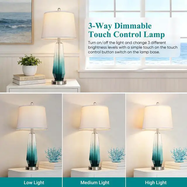 Alt view image 2 of 6 - Glass Table lamps for living room, Modern Bedside Lamps for Bedrooms,27.5" Tall Nightstand Lamps Set of 2 with 3-Way Dimmable Touch Control, White Linen Shade,USB A/C Charging Ports,Gradient Teal