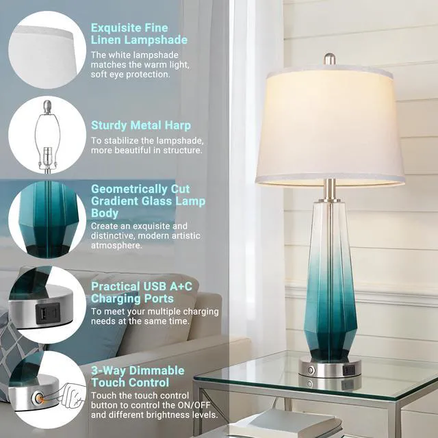 Alt view image 3 of 6 - Glass Table lamps for living room, Modern Bedside Lamps for Bedrooms,27.5" Tall Nightstand Lamps Set of 2 with 3-Way Dimmable Touch Control, White Linen Shade,USB A/C Charging Ports,Gradient Teal