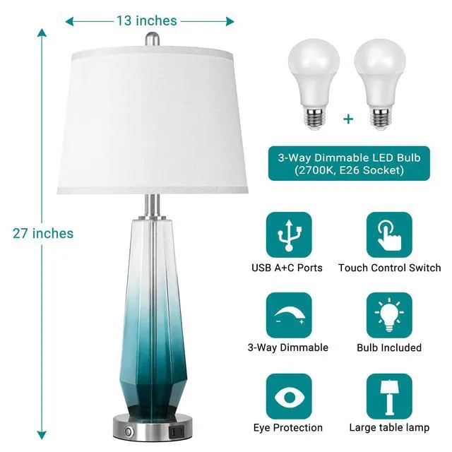 Alt view image 4 of 6 - Glass Table lamps for living room, Modern Bedside Lamps for Bedrooms,27.5" Tall Nightstand Lamps Set of 2 with 3-Way Dimmable Touch Control, White Linen Shade,USB A/C Charging Ports,Gradient Teal