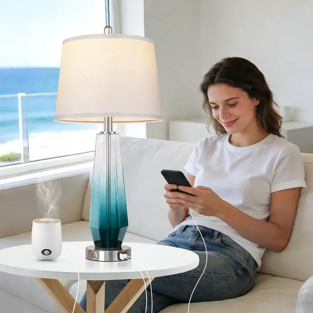 Alt view image 5 of 6 - Glass Table lamps for living room, Modern Bedside Lamps for Bedrooms,27.5" Tall Nightstand Lamps Set of 2 with 3-Way Dimmable Touch Control, White Linen Shade,USB A/C Charging Ports,Gradient Teal