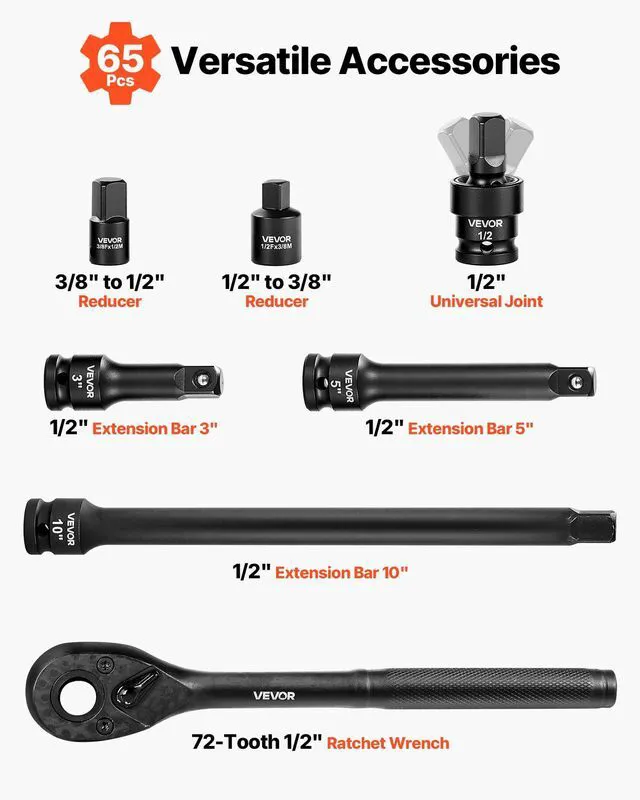 Alt view image 5 of 7 - 1/2" Drive Impact Socket Set, 65 Piece Socket Set SAE 3/8" to 1-1/4" and Metric 10-24mm, 6 Point Cr-V Alloy Steel for Auto Repair, Rugged Construction, Easy-to-Read Size Markings, Storage Case