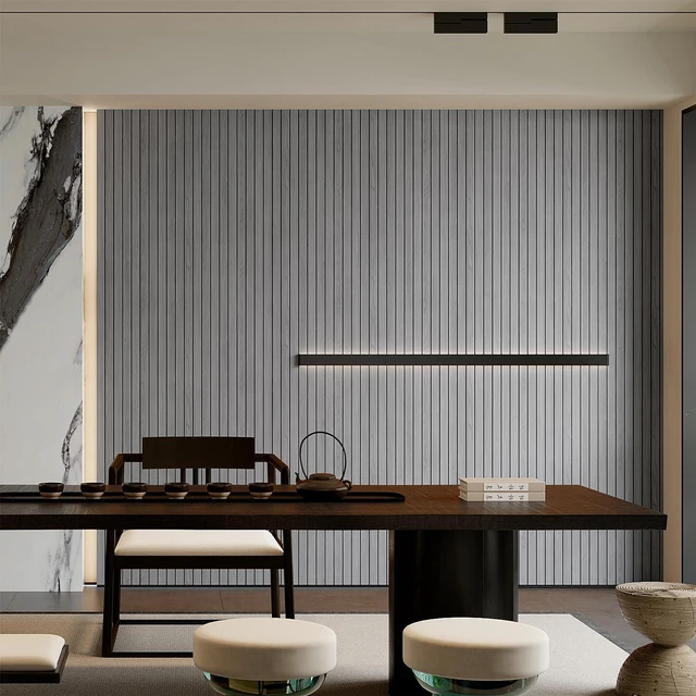 Alt view image 3 of 7 - Peel and Stick PVC Slat Wall Panel 236"x15.75" Self-Adhesive Thick Faux Grey Wood Grain Wallpaper Panel 3D Soundproof Wall Panels for Walls & Ceilings