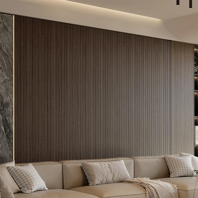 Alt view image 2 of 7 - Peel and Stick PVC Slat Wall Panel 236"x15.75" Self-Adhesive Thick Faux Smoked Wood Grain Wallpaper Panel 3D Soundproof Wall Panels for Walls & Ceilings