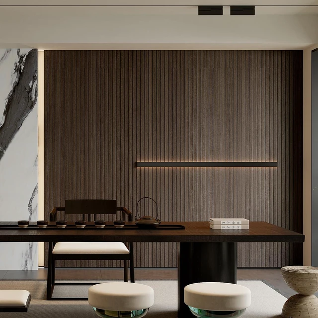 Alt view image 3 of 7 - Peel and Stick PVC Slat Wall Panel 236"x15.75" Self-Adhesive Thick Faux Smoked Wood Grain Wallpaper Panel 3D Soundproof Wall Panels for Walls & Ceilings